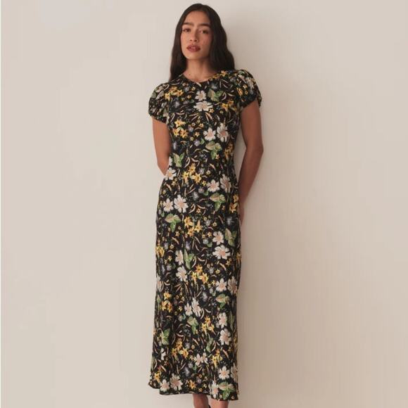 Doen Merla Silk Short Puff Sleeve High Neck Bias Maxi Dress Sweet Anemone - Picture 1 of 16